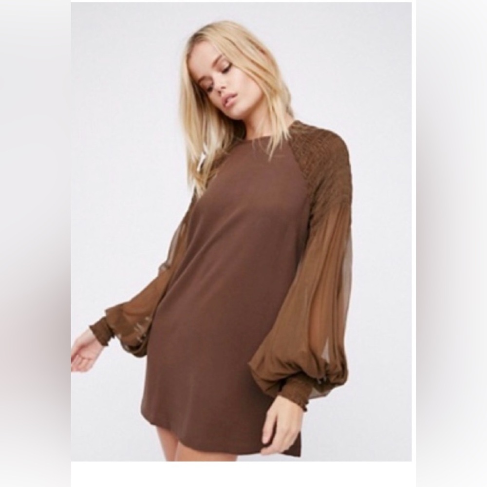 Free People Brown Boho Tunic Shift Puff Sheer Sleeve Dress XS